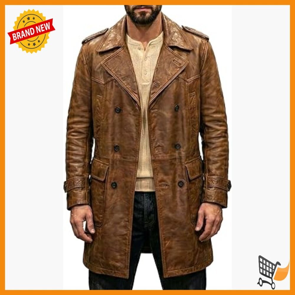 Men's Leather Trench Coat Double Breasted 3/4 Length Car Coat